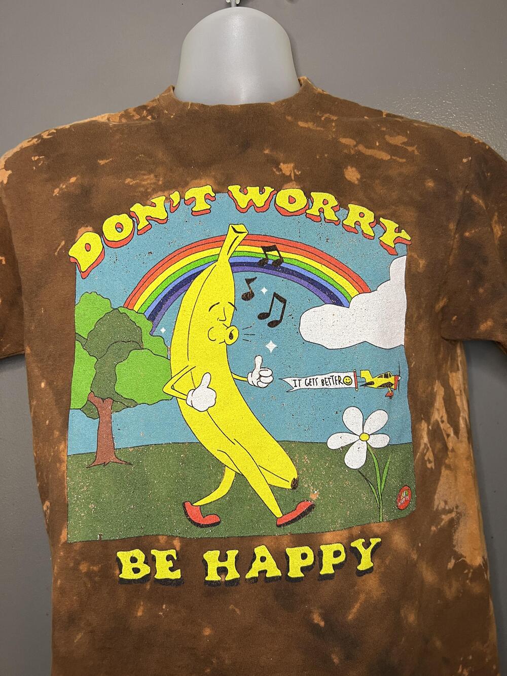 Don't Worry Be Happy Delta Shirt Mens Medium Brown Bleach Tie Dye Banana Graphic